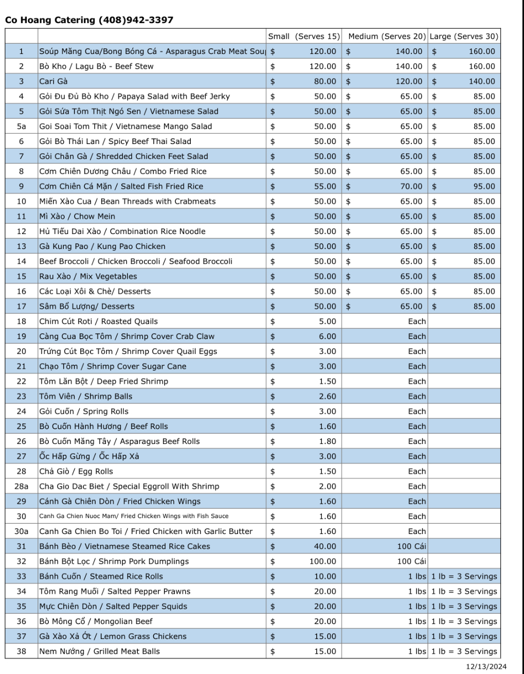 Printed Co Hoang Catering menu with tray, piece, and pound prices